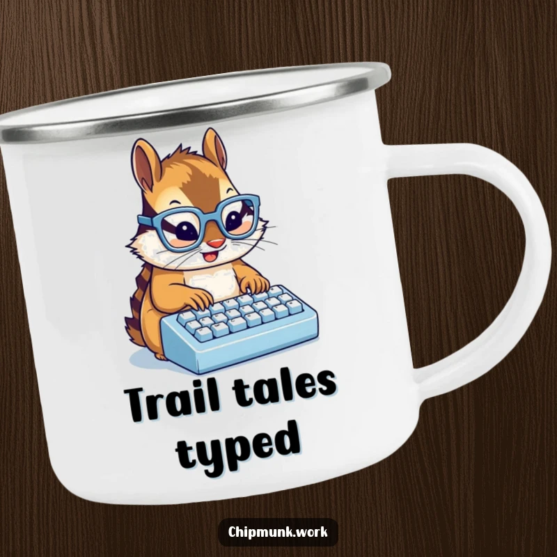 Funny chipmunk wearing glasses typing on a miniature keyboard, a durable humorous camping mug for a funny gift.