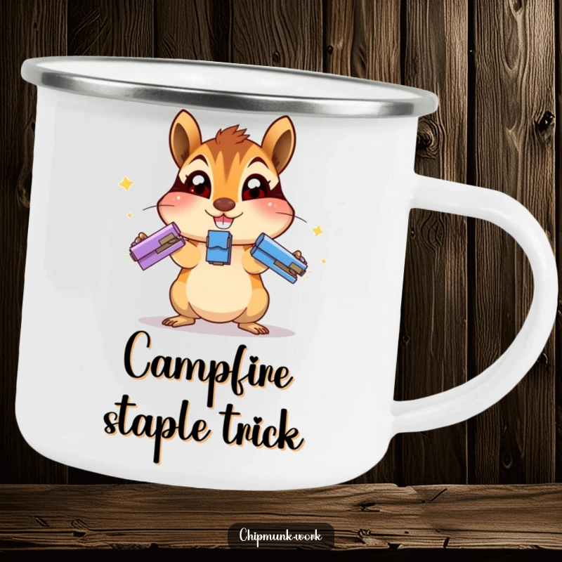Funny chipmunk camping mug showing an excited chipmunk juggling staplers, perfect for adding humor to outdoor trips.