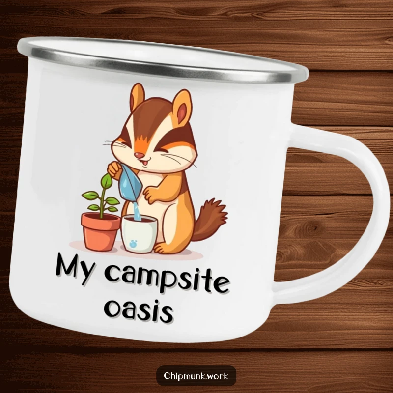Funny chipmunk camping mug, enthusiastically watering a tiny potted desk plant, perfect for outdoor adventures and appreciating nature humor.