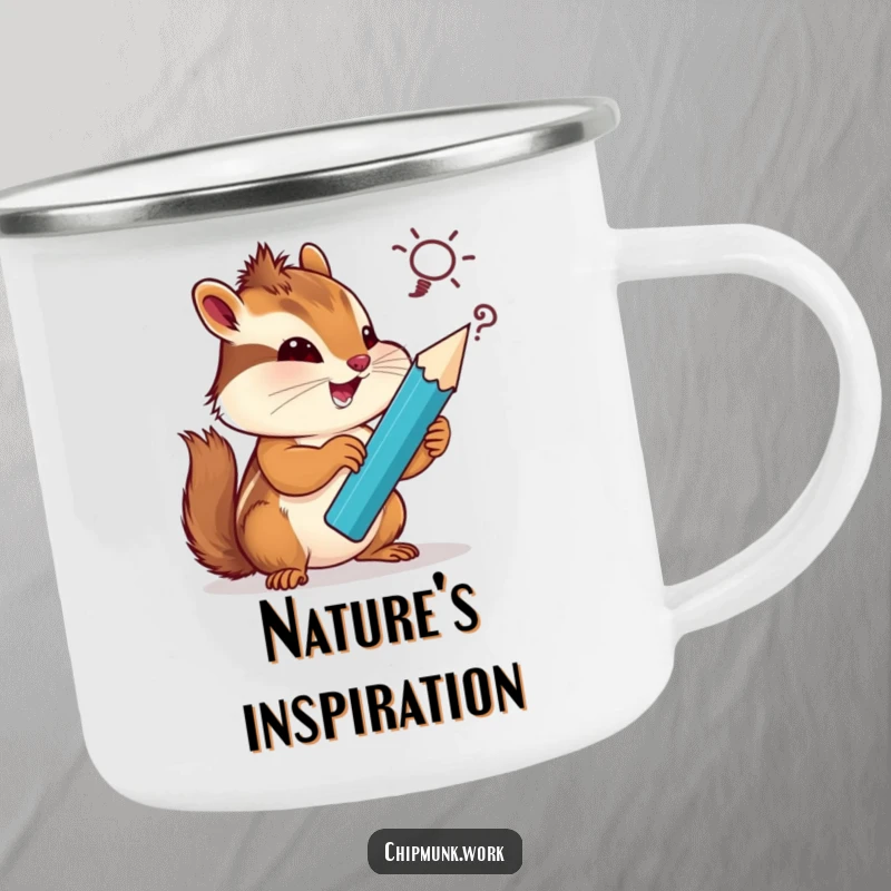Funny chipmunk camping mug, artistically sketching a silly idea with a giant pencil, designed for outdoor adventures and humor.