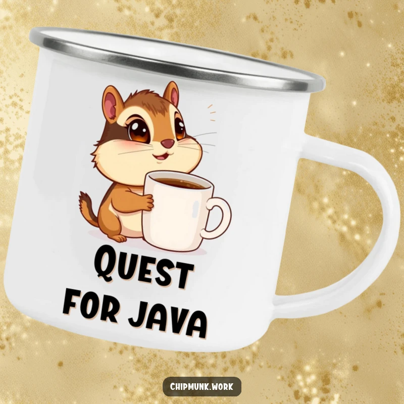 Funny chipmunk with wide eyes looking at a coffee mug, durable enamel camping mug, outdoor coffee humor.