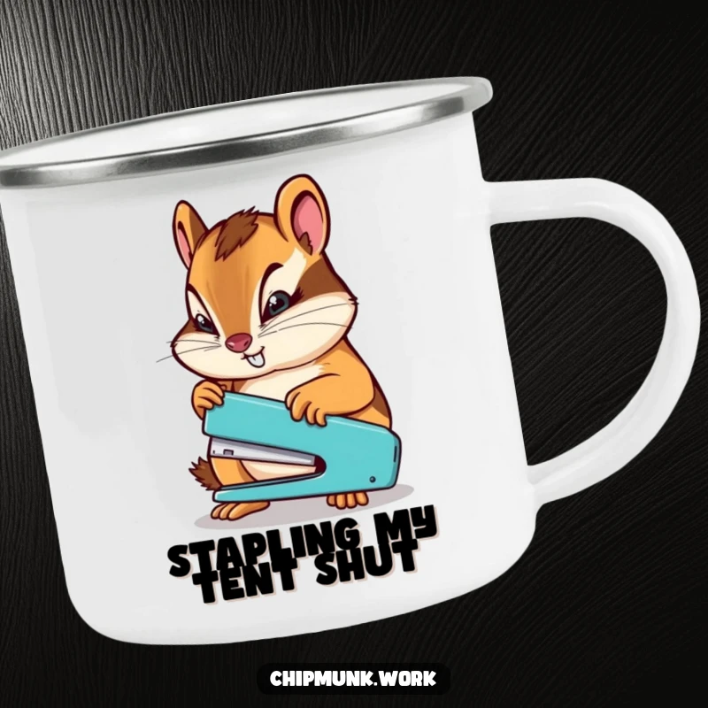 Funny chipmunk determinedly using a miniature stapler design on a camping mug, for the focused outdoor enthusiast.