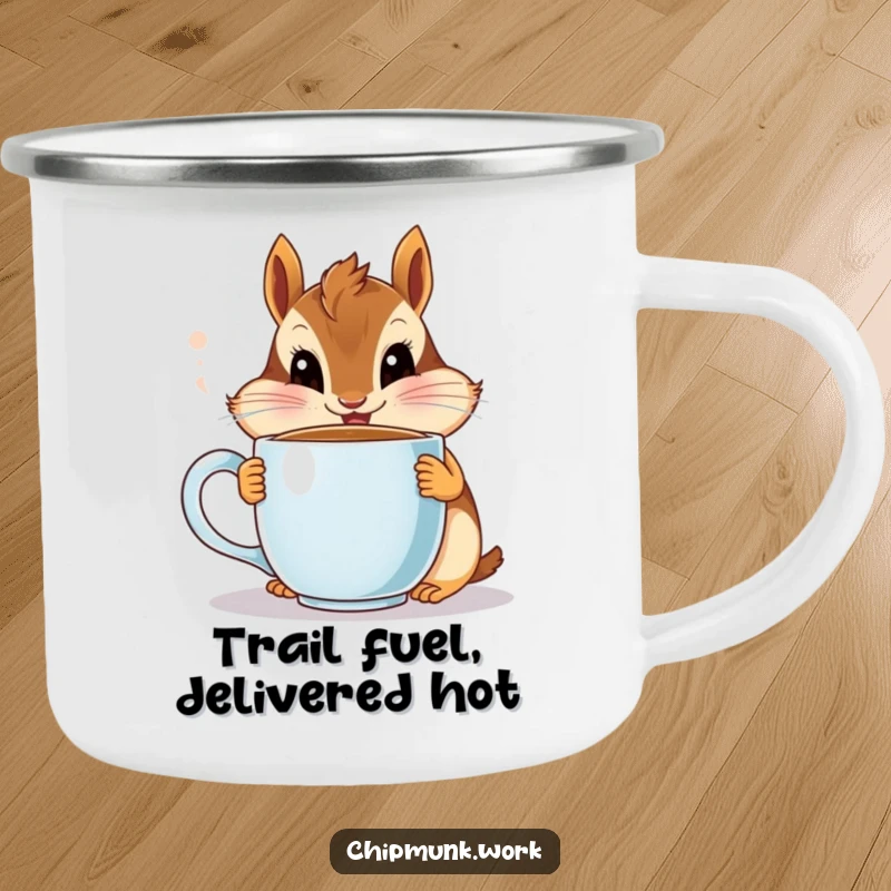 Funny chipmunk camping mug, a cute animal wide-eyed enjoying coffee outdoors, perfect gift.