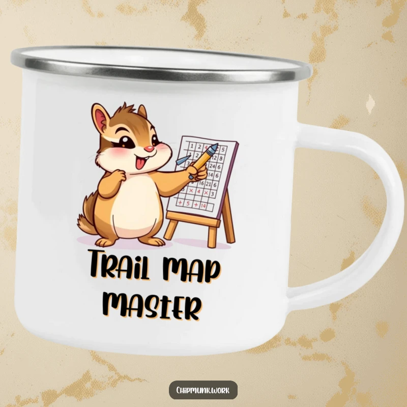 Funny camping mug showing an enthusiastic chipmunk character pointing a pen at a chart. Humorous and durable for outdoor use.