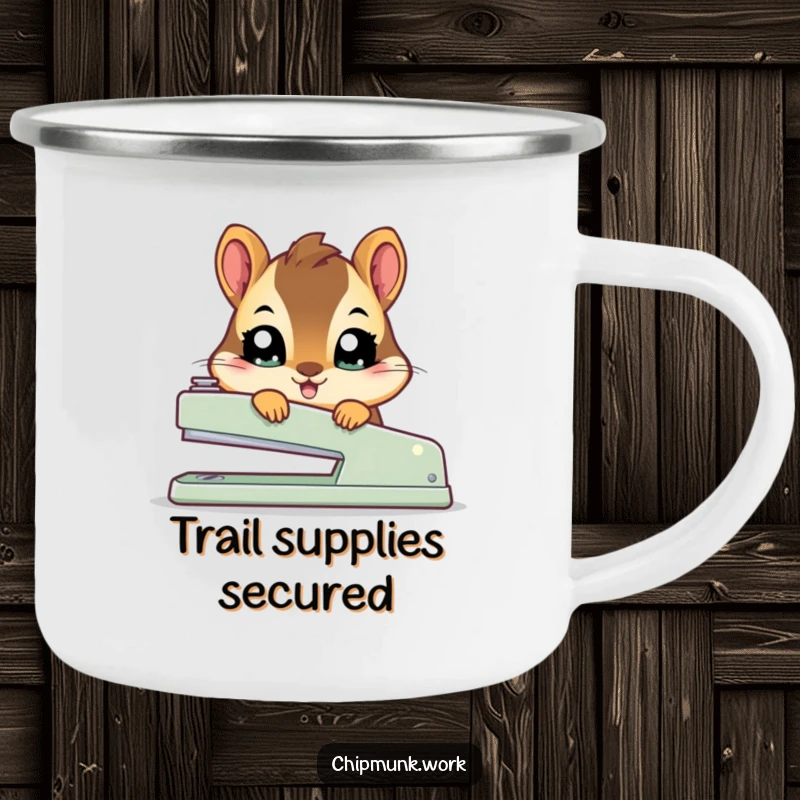 Funny kawaii chipmunk camping mug showing a cute squirrel peeking from behind a large stapler with big eyes.