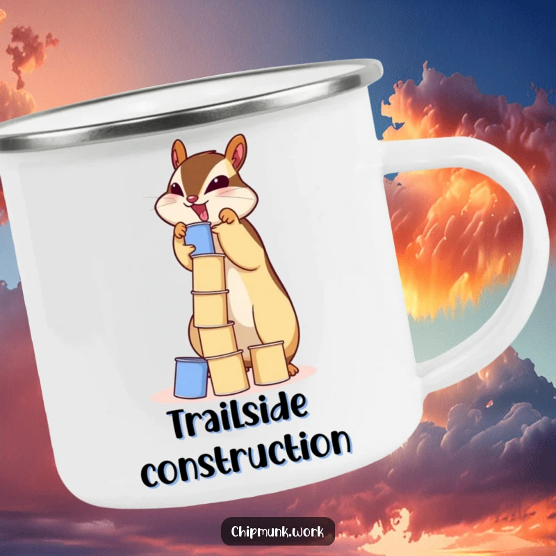 Funny chipmunk camping mug depicting a busy squirrel stacking a hilariously unstable tower of tiny paper cups.