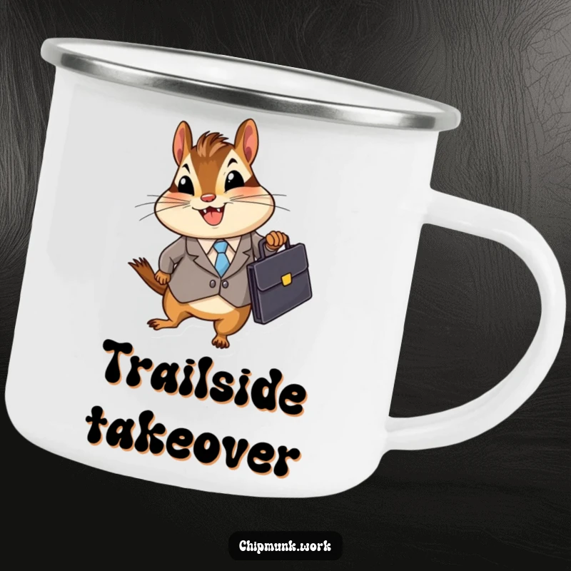 Funny Business Chipmunk Camping Mug featuring a chipmunk in a suit with a briefcase, ideal for outdoor professionals who enjoy humor and sturdy drinkware, a great funny gift.