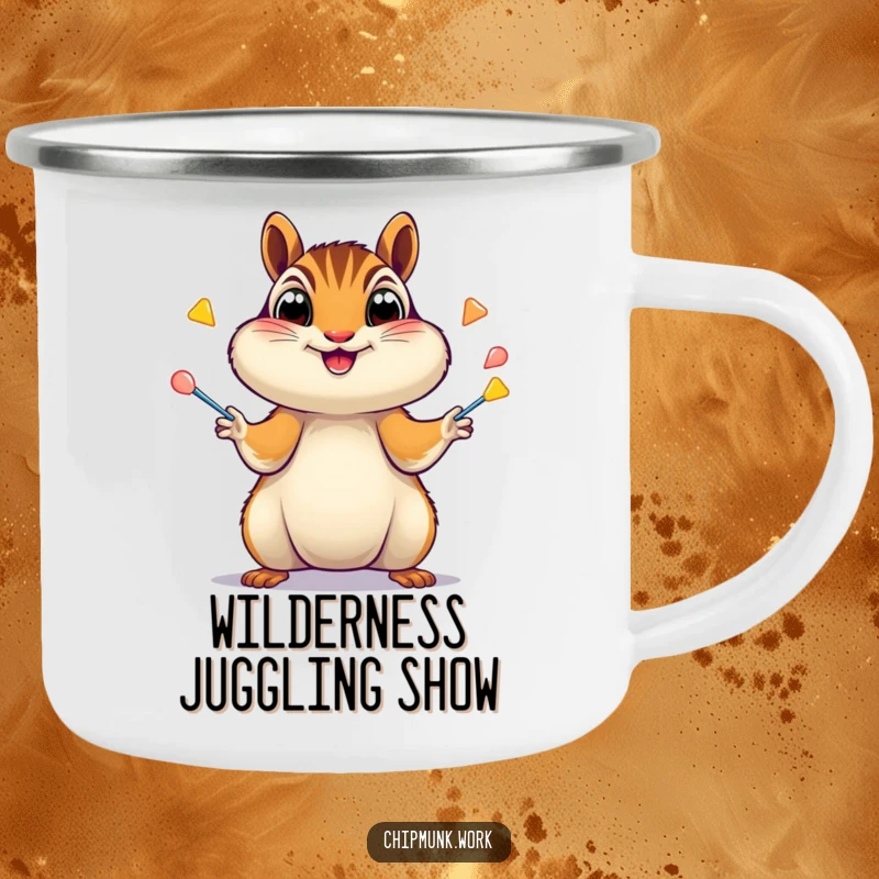 Funny Chipmunk Camping Mug: Excited chipmunk juggling staplers with wide eyes, perfect for outdoor humor, a funny gift.