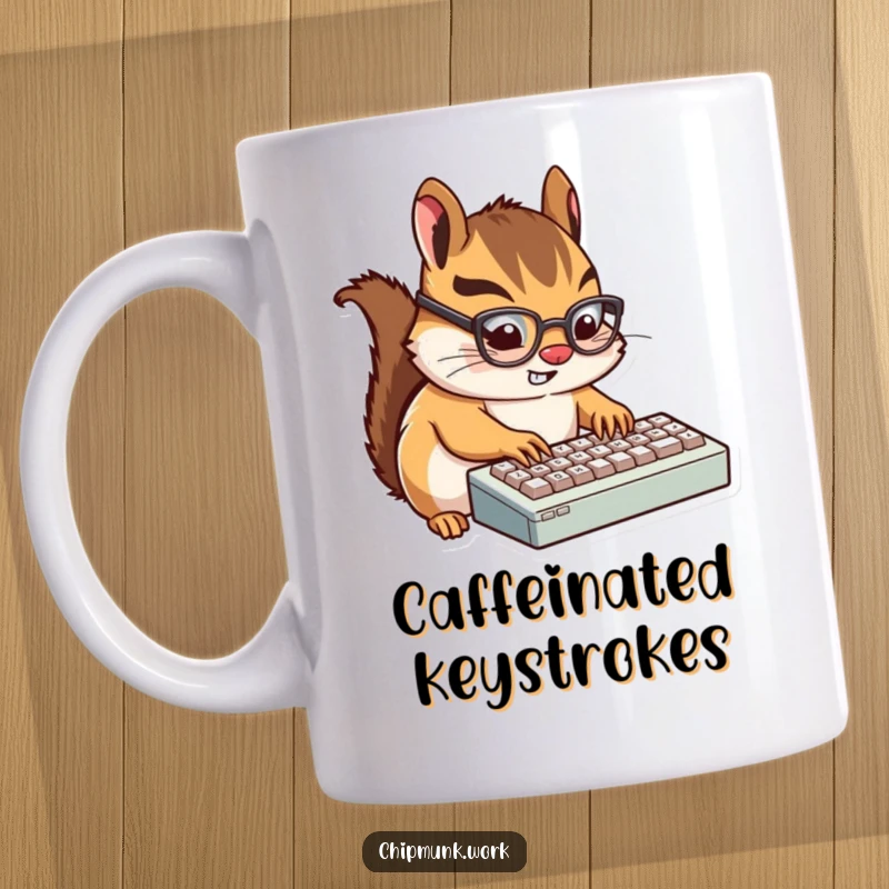 Funny Chipmunk Typist Mug: A tiny, bespectacled chipmunk eagerly types on a miniature keyboard with funny, focused determination.
