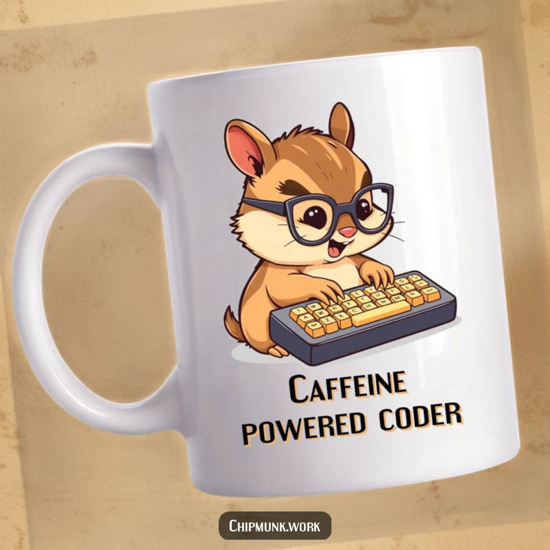 Funny mug featuring a chibi chipmunk in glasses typing furiously on a tiny keyboard.