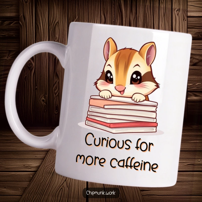 Funny chipmunk mug, a curious critter peeking over a tall stack of papers with wide eyes.