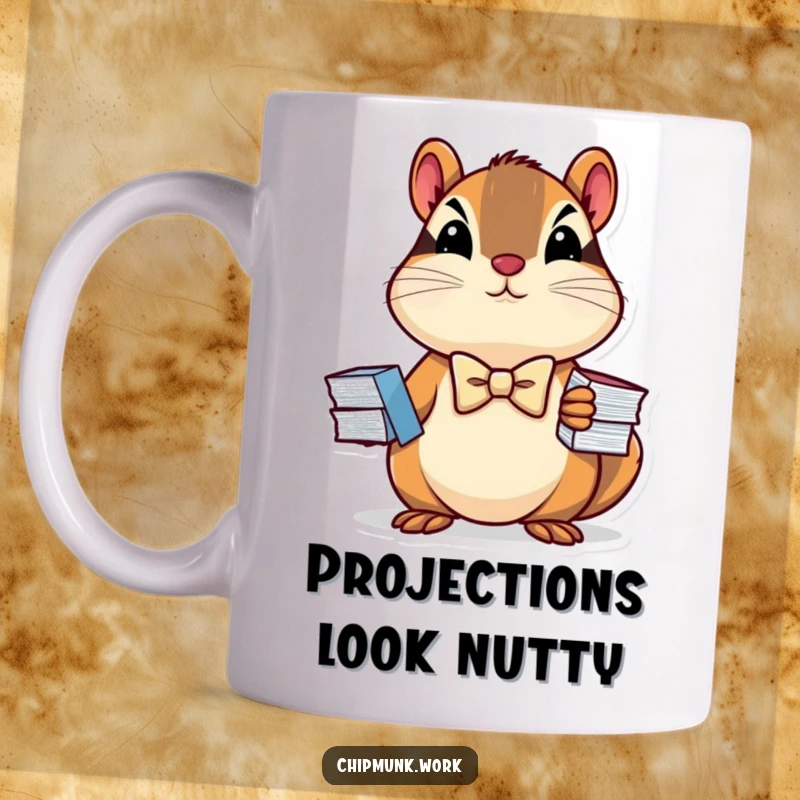 Funny mug showing a determined chipmunk wearing a tiny bowtie and proudly holding a stack of business charts, exuding professionalism and humor.
