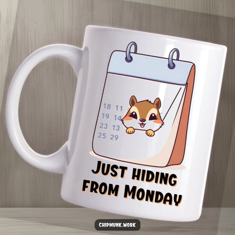Funny chipmunk peeking from behind a giant calendar, suggesting hidden fun, on a humorous ceramic mug.