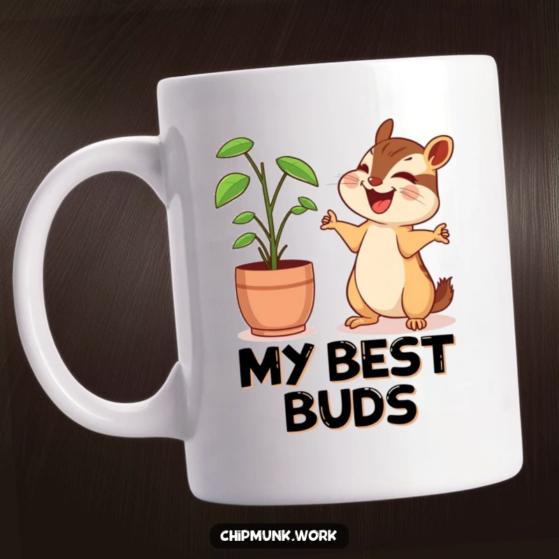Funny chipmunk mug, sharing a laugh with a desk plant, arms outstretched in amusement, a delightful office friendship.