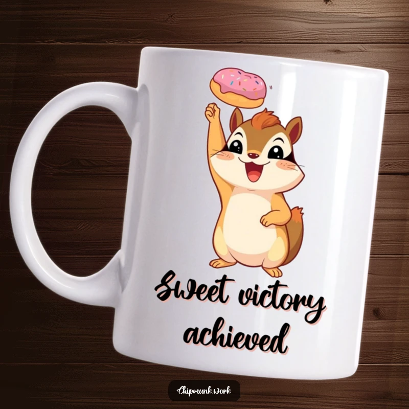 Funny chipmunk mug showing a cheerful squirrel triumphantly holding a tiny donut high in the air.