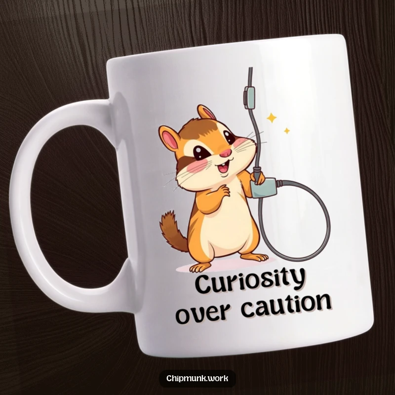 Funny mug showing a chipmunk playfully batting at a dangling electrical cord, highlighting curious and mischievous behavior.