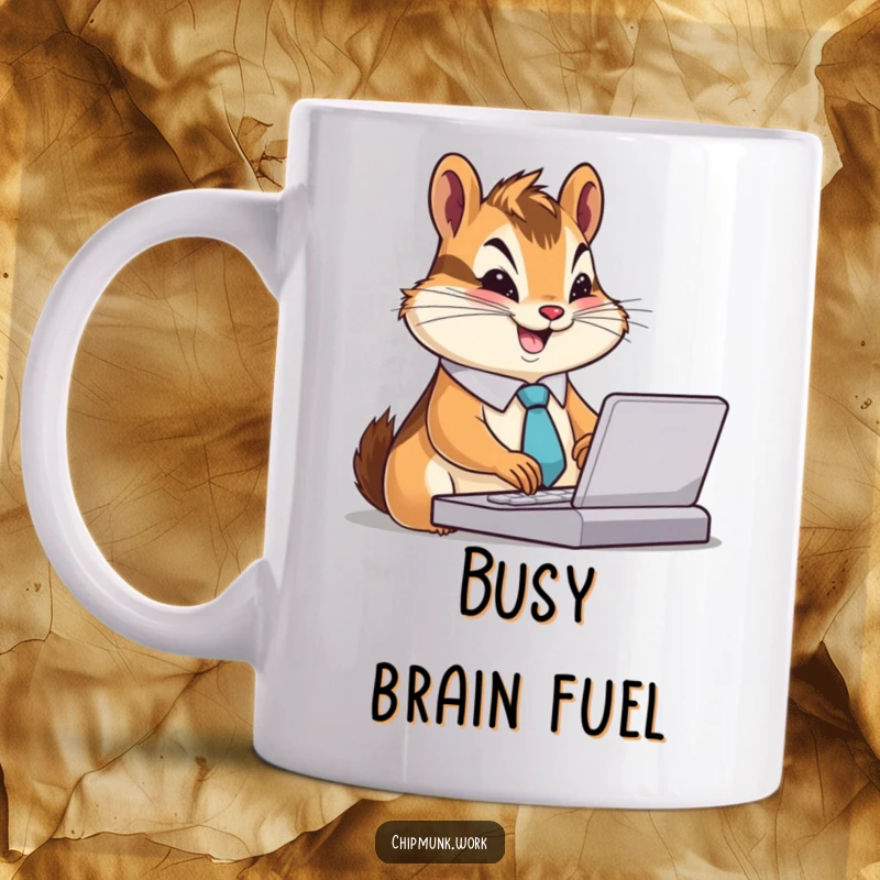 Funny Chipmunk Mug: Adorable chipmunk in a tiny tie, furiously typing with a smile, representing busy office humor, a funny gift.
