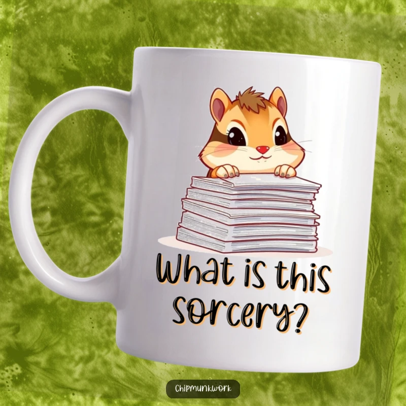 Funny chipmunk mug, curiously peeking over a tall stack of paperwork with a tilted head, conveying office humor.