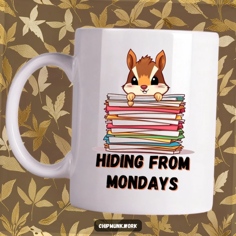 Funny Chipmunk Paper Mound Mug: A tiny chipmunk humorously peeks from behind a large, colorful stack of papers, looking mischievous.