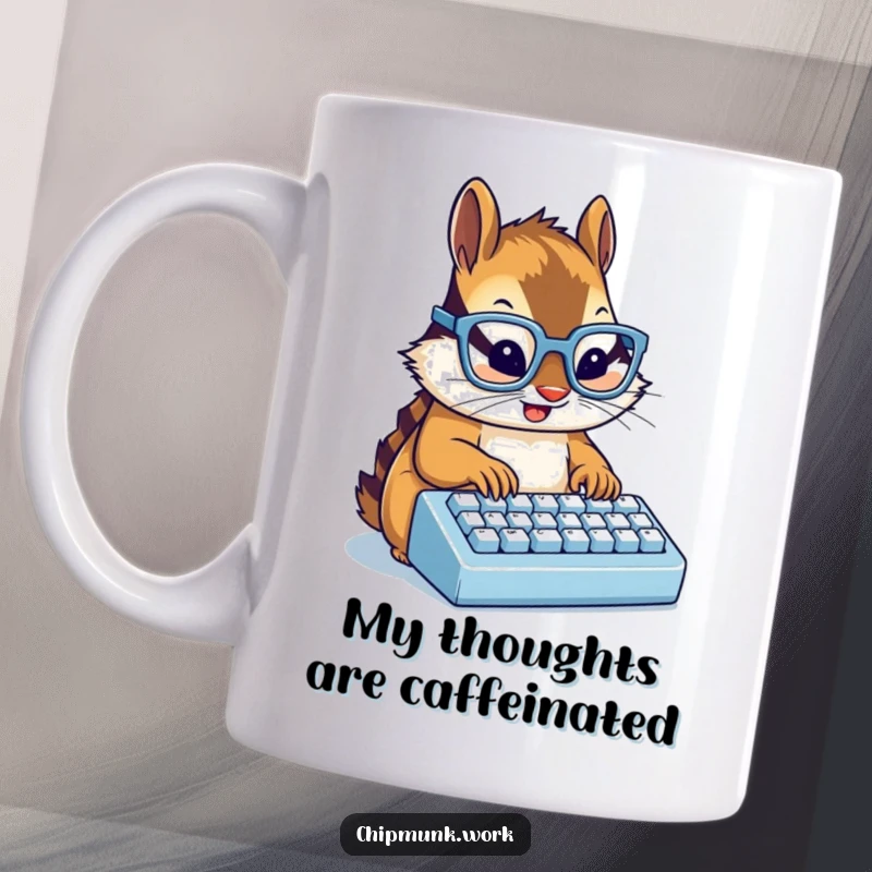 Funny chipmunk wearing tiny glasses typing fast on a miniature keyboard, depicted on a humorous mug.
