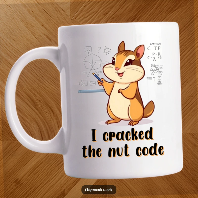 Funny chipmunk mug, enthusiastically pointing at a complex, intricate diagram on a whiteboard, looking very smart.