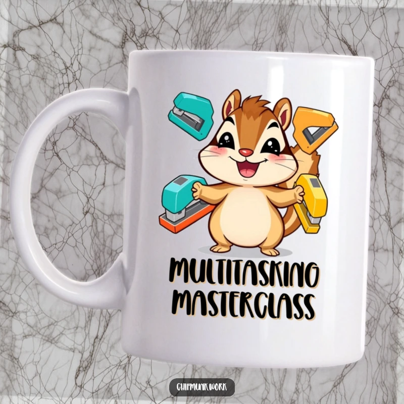 Funny chipmunk mug, a happy critter expertly juggling three colorful staplers with a big grin.