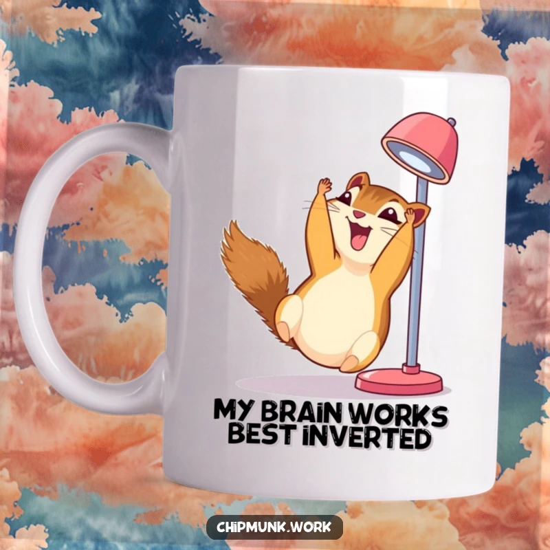 Funny chipmunk mug, hanging upside down from a desk lamp, giggling uncontrollably with joy and mischief.