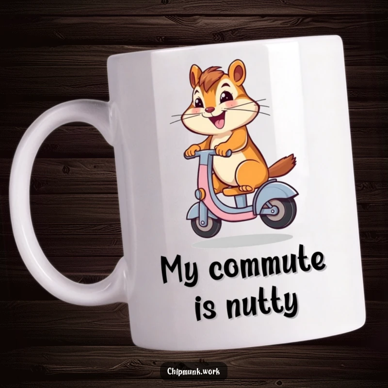 Funny chipmunk joyfully riding a desk chair like a scooter, representing office playtime and spontaneous fun, perfect for a humorous gift.