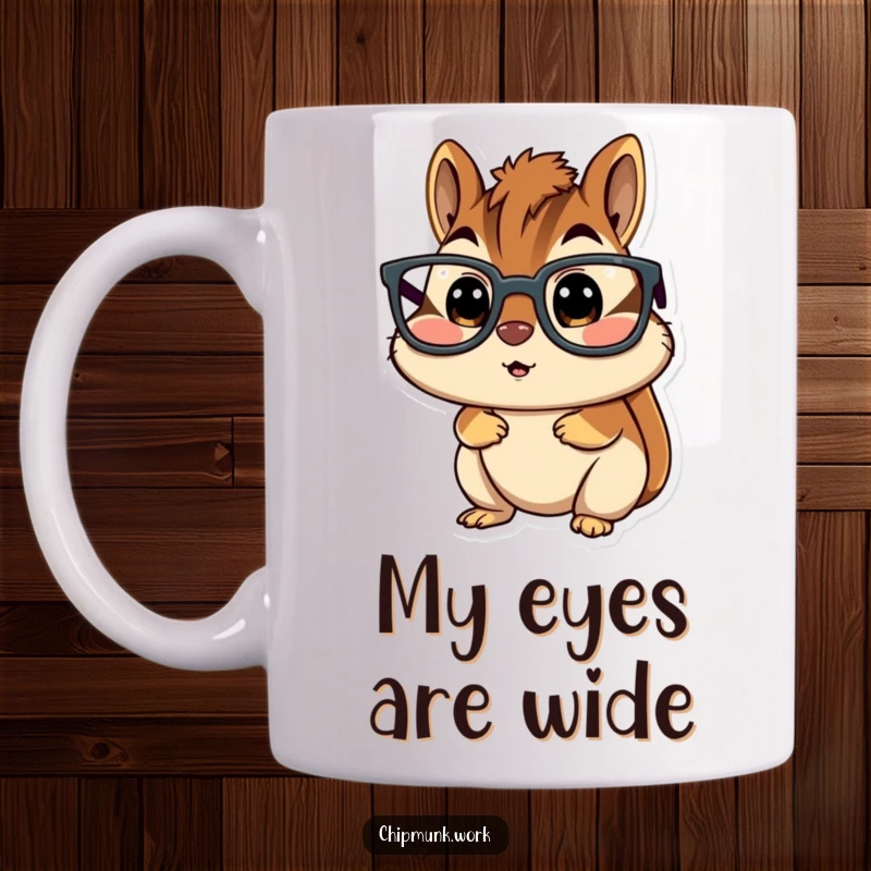 Funny chipmunk mug, character wearing oversized glasses, looking utterly surprised with wide eyes and an open mouth.