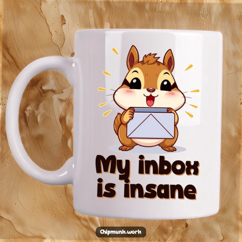 Funny surprised chipmunk mug reacting to a bursting inbox icon, perfect funny gift for tech overload.