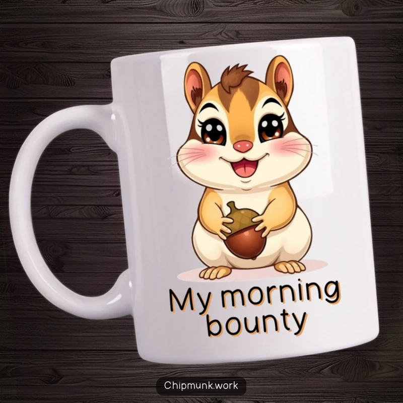 Funny Happy Chipmunk Mug: a cheerful chipmunk with wide eyes presenting an acorn, symbolizing simple joys and humor, a great funny gift.