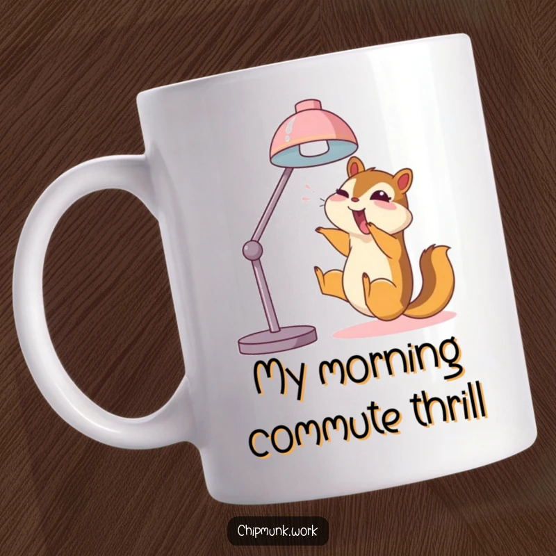 Funny chipmunk mug, joyfully sliding down a desk lamp, embodying pure, uninhibited fun.