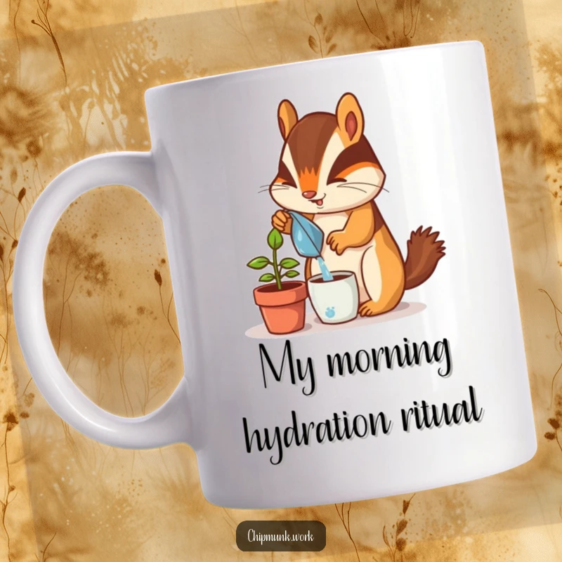 Funny chipmunk mug, enthusiastically watering a tiny potted desk plant with a happy expression, perfect for plant lovers.