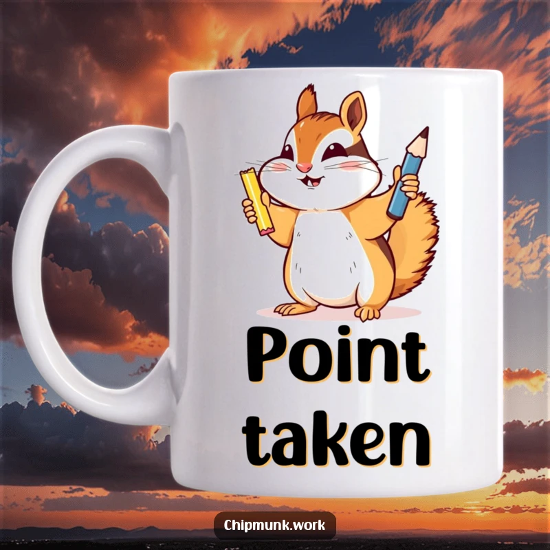 Funny chipmunk mug, triumphantly holding up a newly sharpened pencil, looking proud and victorious, ready for any task.