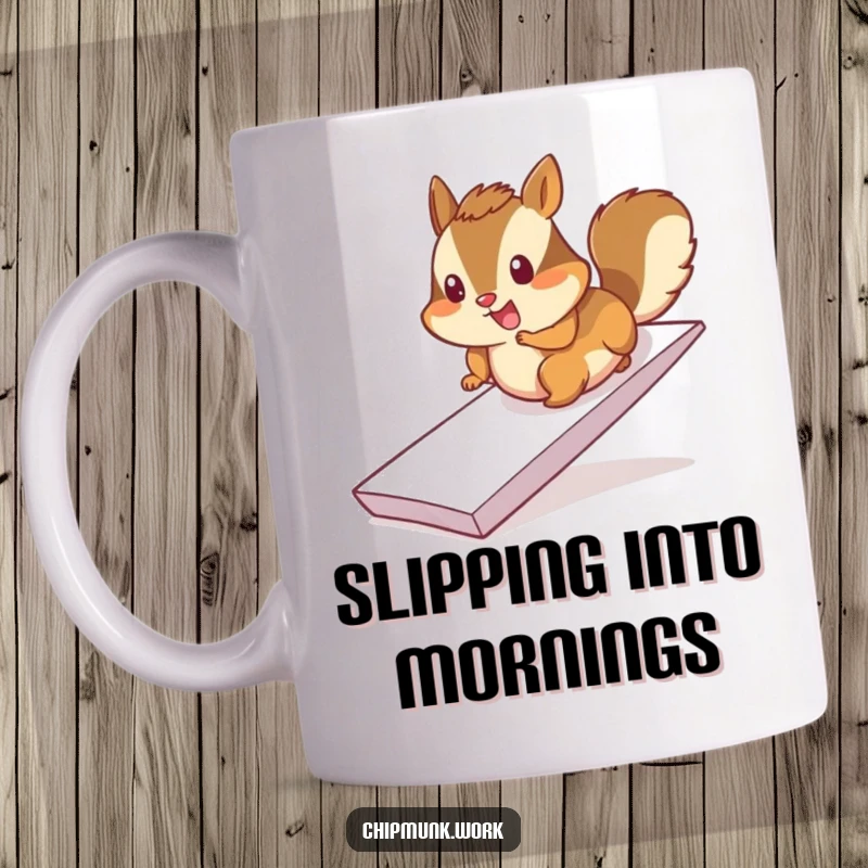Funny chipmunk mug, cheerfully sliding down a paper ramp, energetic and happy rodent.