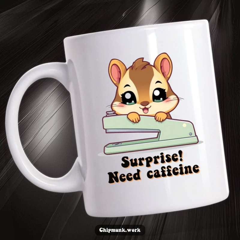 Funny kawaii chipmunk mug with wide, innocent eyes peeking out from behind a large office stapler.