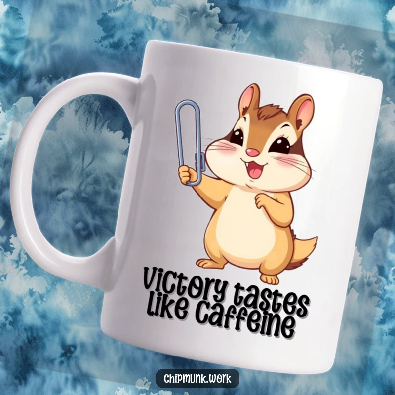 Funny chipmunk triumphantly holding a tiny, oversized paperclip, depicted on a humorous mug for a funny gift.