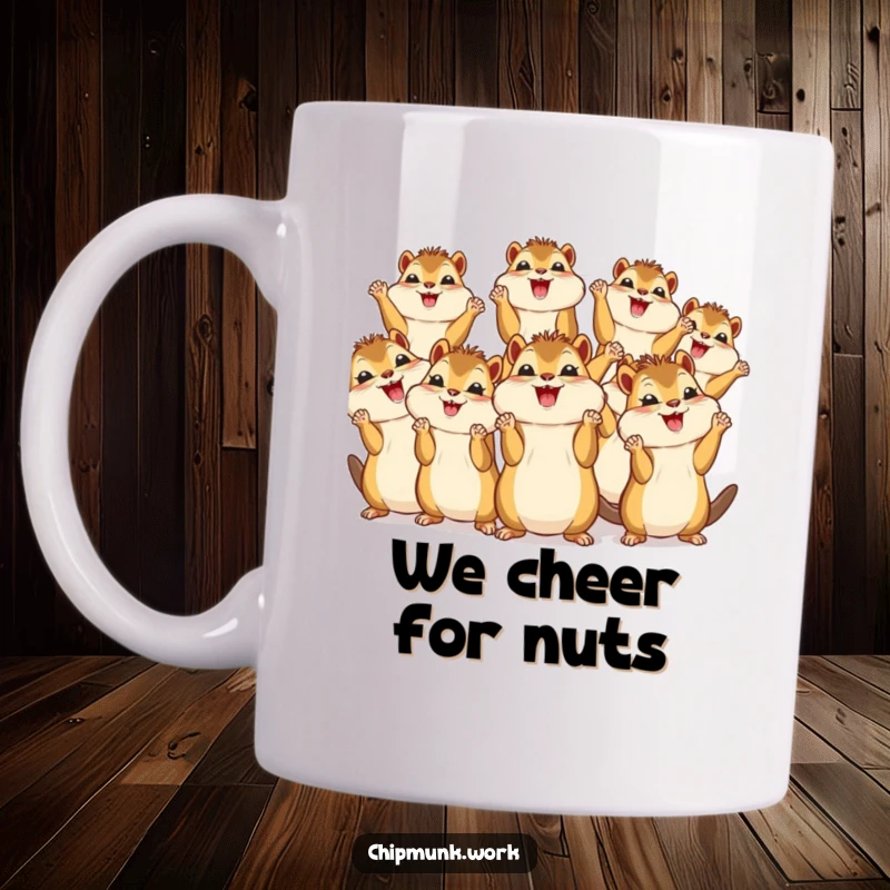 Funny mug showcasing a group of diverse kawaii chipmunks jumping and cheering joyfully with their tiny paws raised in the air.