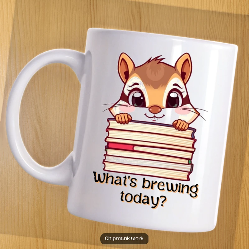 Funny chipmunk mug showing a chipmunk with wide, curious eyes peeking over a tall stack of files.
