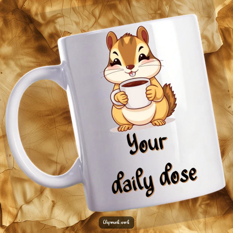 Funny chipmunk holding up a tiny coffee mug with both paws, offering a warm greeting on a mug.