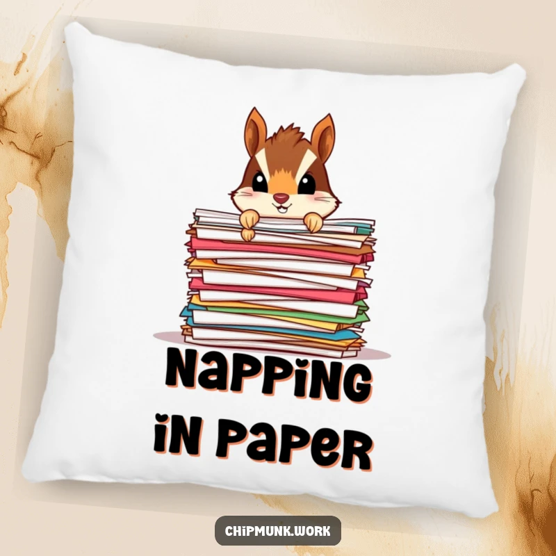 Funny Chipmunk Paper Mound Pillow: A soft pillow depicting a tiny chipmunk humorously peeking from behind a large stack of colorful papers.