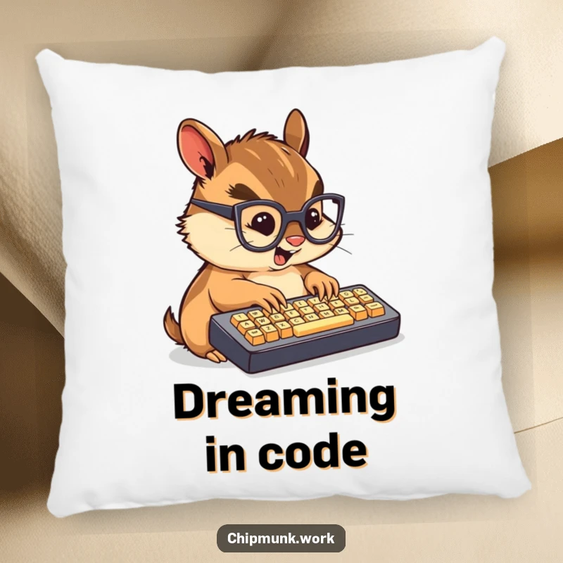 Funny pillow featuring a chibi chipmunk wearing glasses, furiously typing on a mini keyboard.