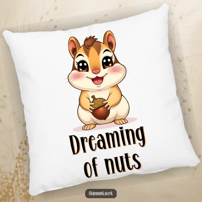 Funny Happy Chipmunk Pillow featuring a cheerful chipmunk presenting an acorn, offering plush comfort and a humorous, joyful aesthetic to any room.