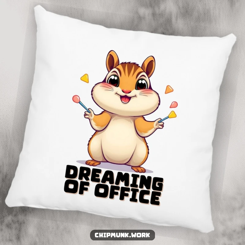 Funny Chipmunk Pillow: Soft pillow featuring an excited chipmunk juggling staplers with wide eyes, offering comfort and humor, a funny gift.
