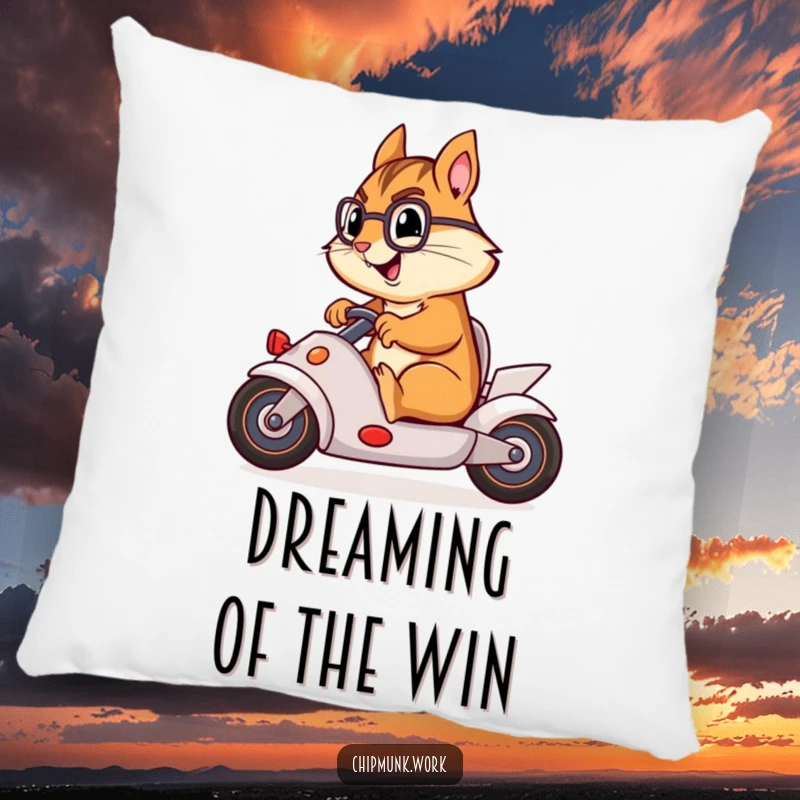 Funny chipmunk racing an office chair like a car, printed on a soft and comfy pillow.