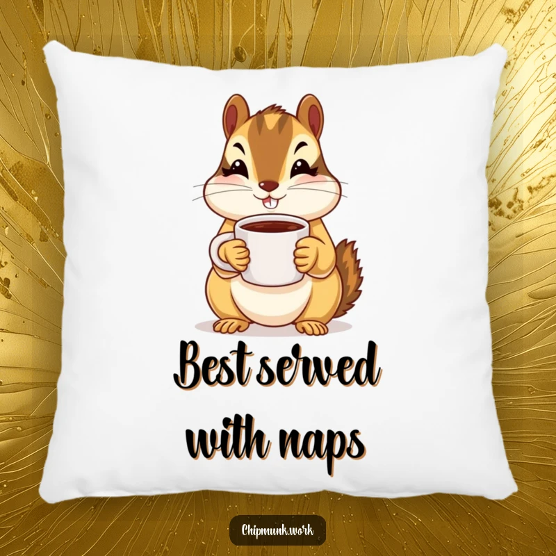 A soft pillow showcasing a funny chipmunk holding out a tiny coffee mug with both paws, invitingly.