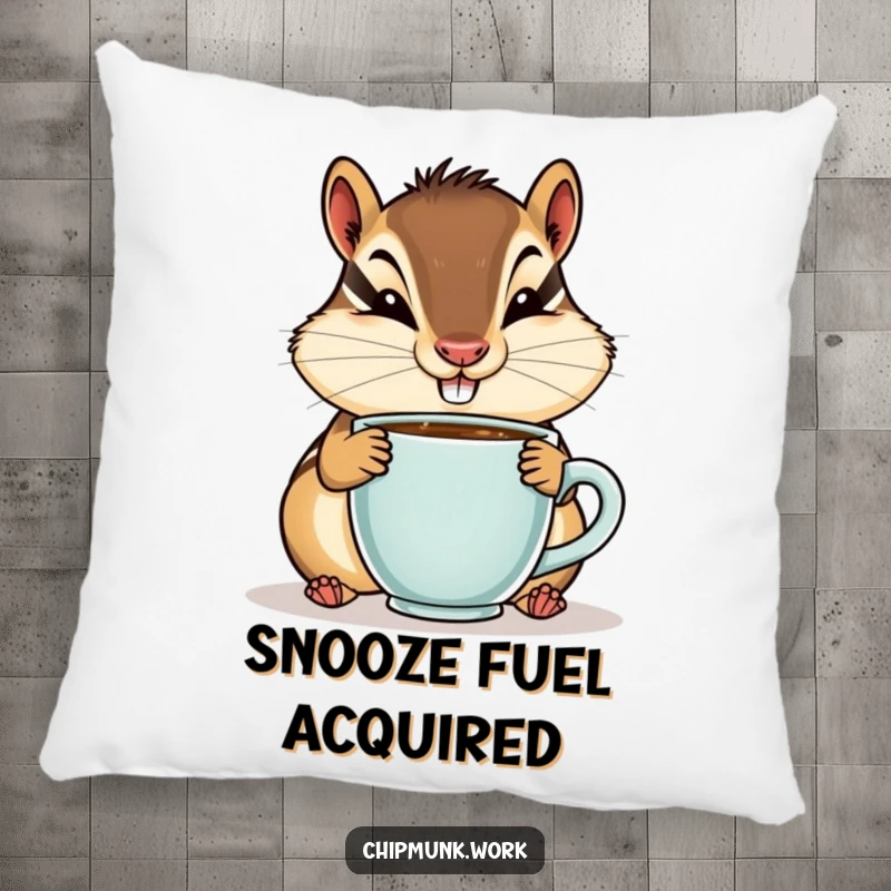 Funny pillow featuring a chipmunk with a goofy smile sipping from a tiny coffee cup, perfect for cozy decor.