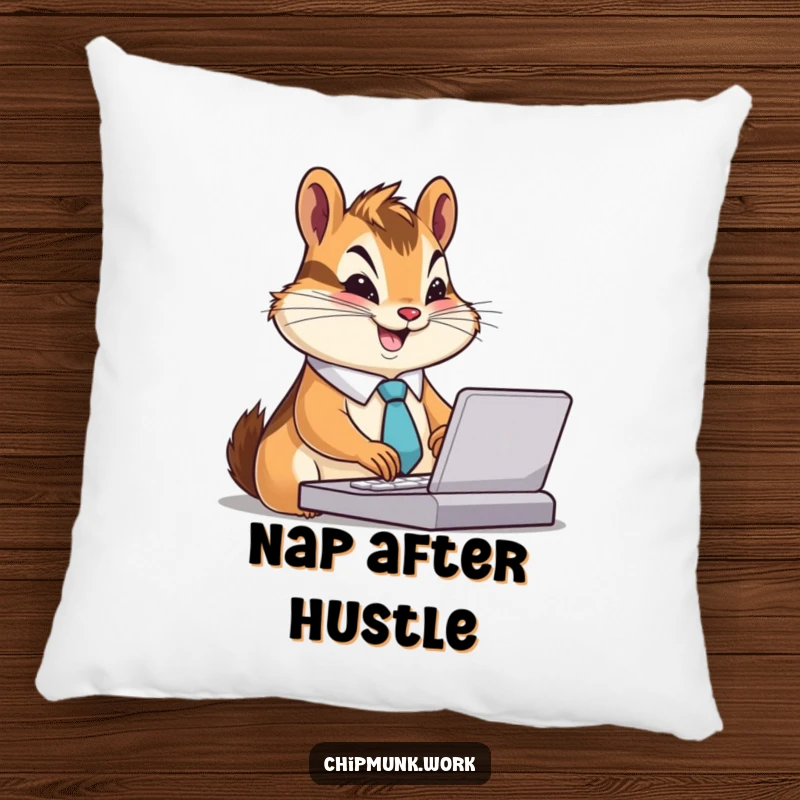 Funny Chipmunk Pillow: Soft pillow featuring a chipmunk in a tiny tie, typing furiously with a smile, offering comfort and humor, a funny gift.