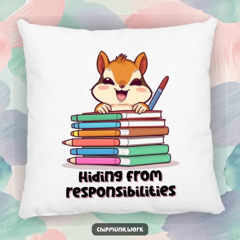 Funny chipmunk gleefully peeking from behind colorful office supplies, a soft and humorous decorative pillow for a funny gift.