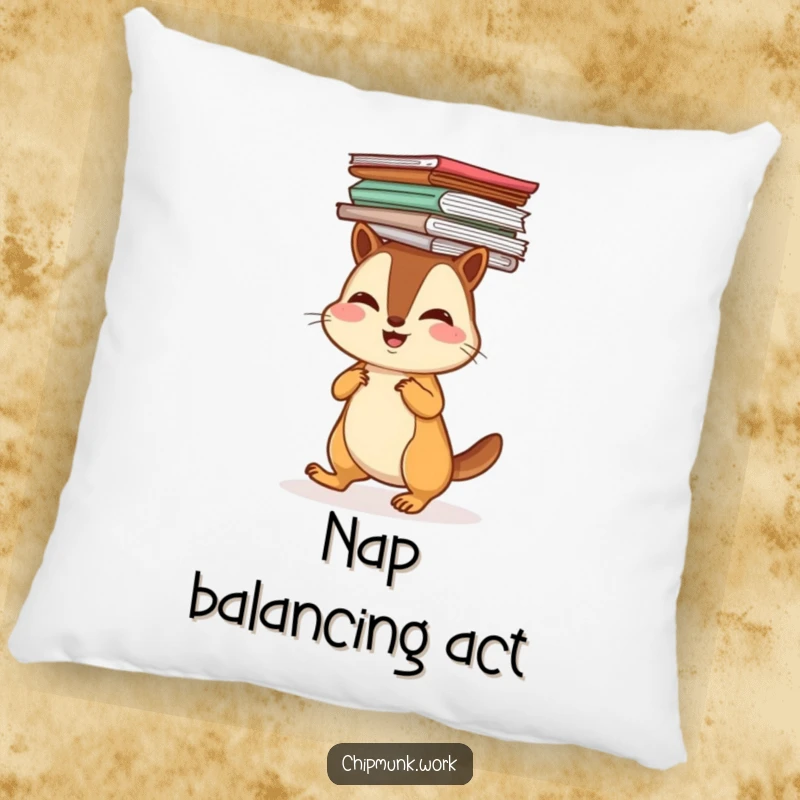 Funny chipmunk balancing a stack of papers on its head, designed on a soft pillow for humorous comfort.